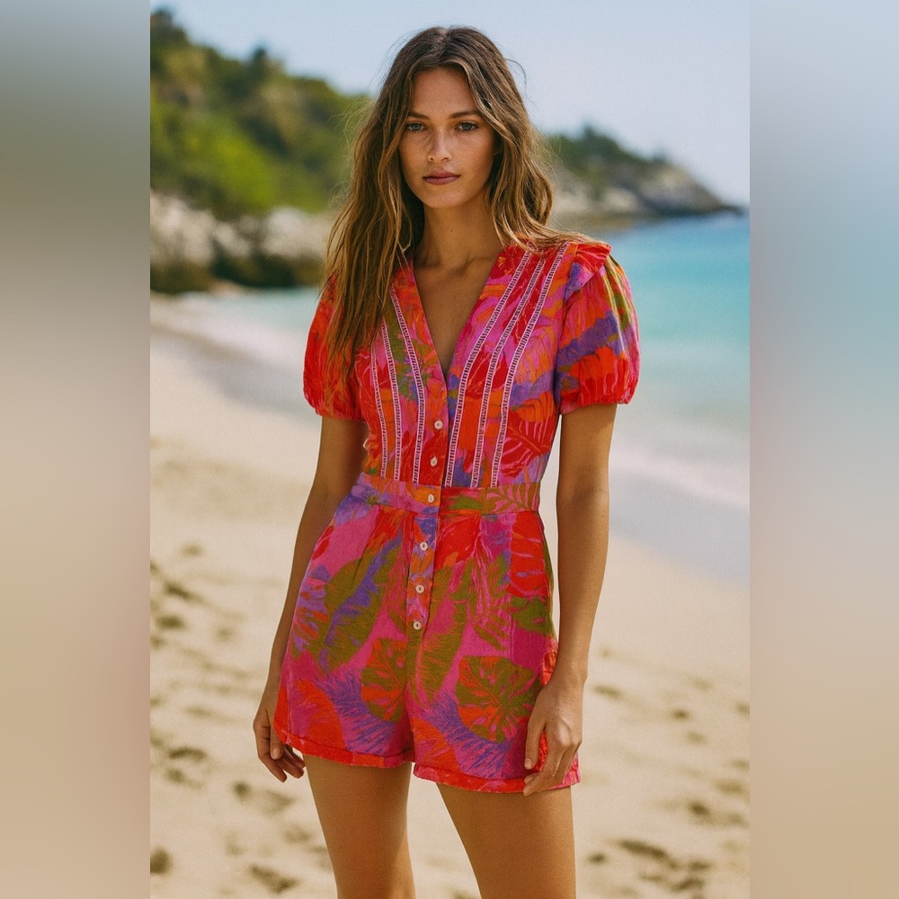 J Marie Eden Floral Romper Tropical Colorful Cotton Linen Mix NWT Size‎ Small